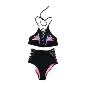 PINK Victoria’s Secret Black Embroidered High Waist Bikini Set XS/S Tropical EUC